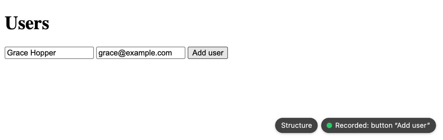The codeTAC bar in the bottom right corner of an app, after a click on “Add user”: “Recorded: button “Add user””, next to the Structure pill