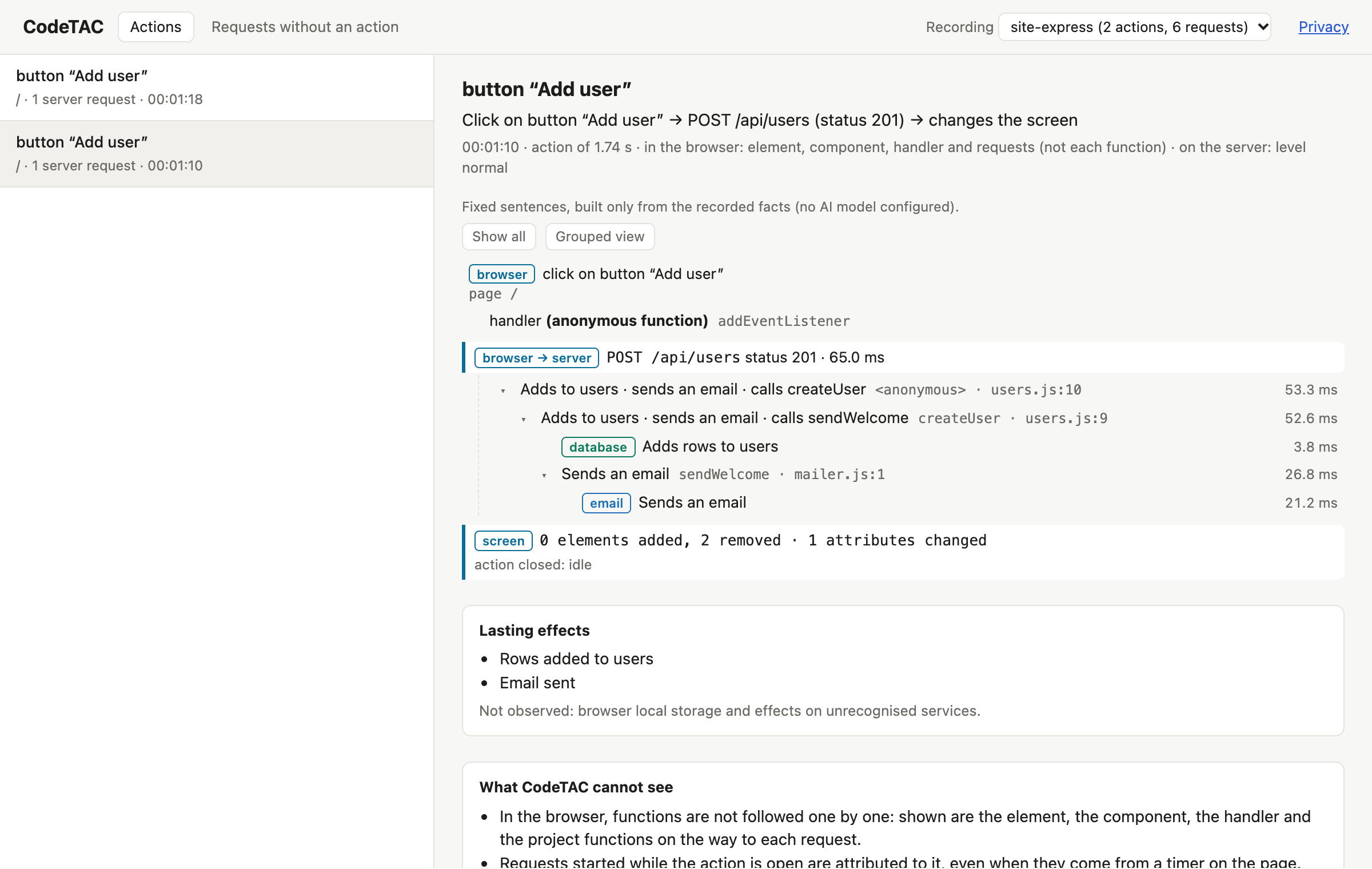 The dossier of a click on “Add user”: the request to the server, the functions that ran with their file and line, a database tag “Adds rows to users”, an email tag, and the lasting effects