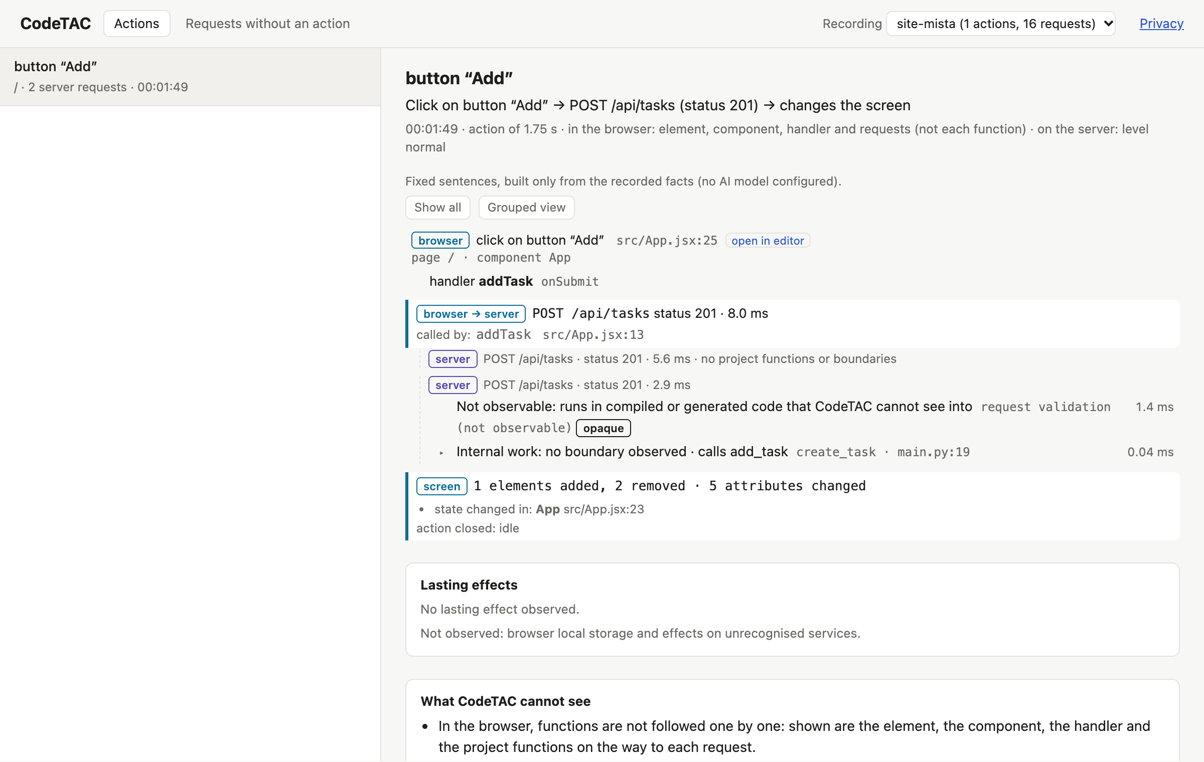 The dossier of a click in a React page whose request reaches a FastAPI API: the browser handler, the request, and the Python function create_task in main.py